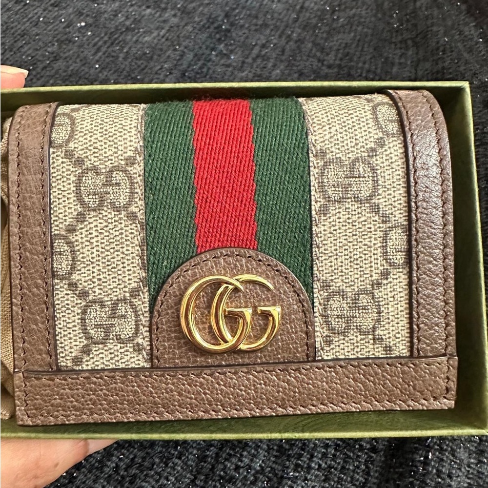 Gucci GG Ophidia Beige and Brown Wallet with Red & Green Stripe Card Case Wallet